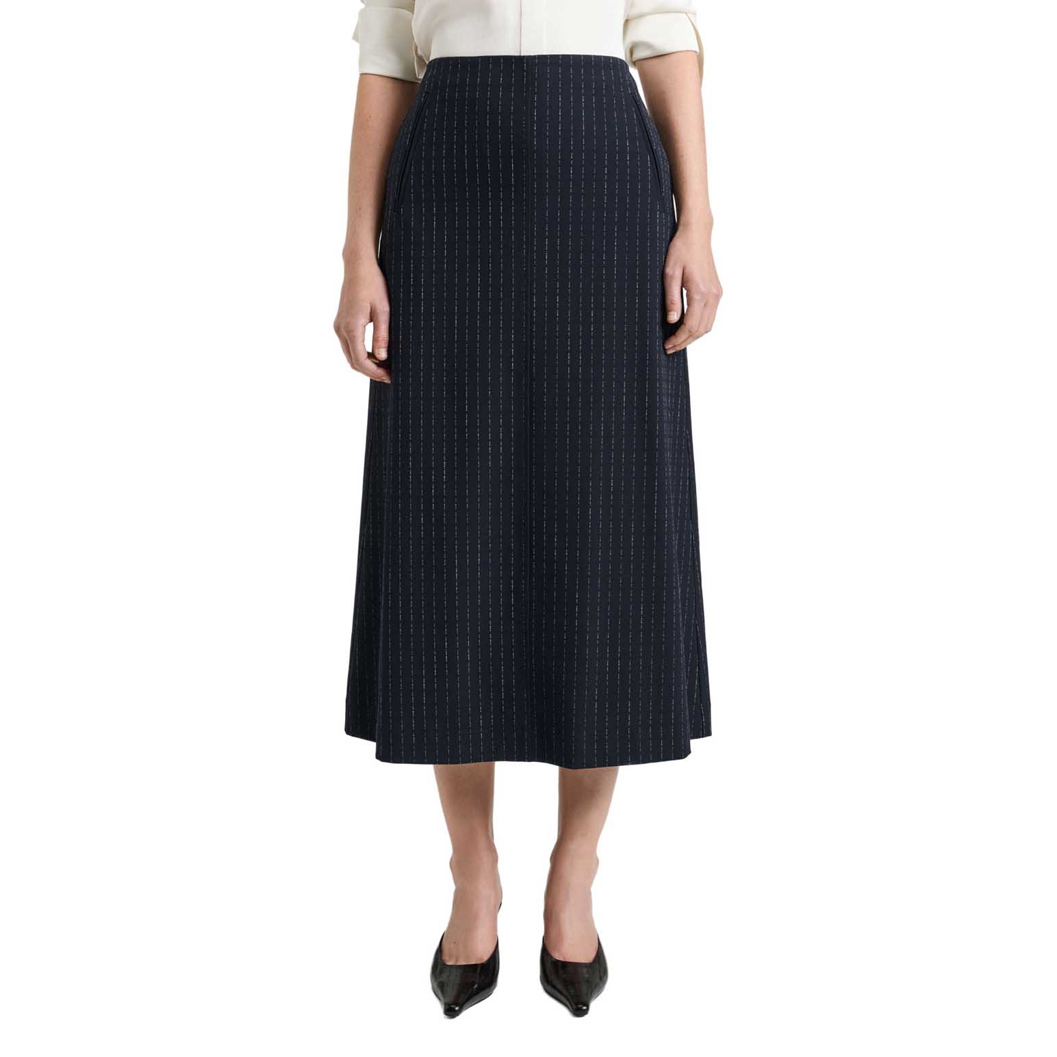 Veronika Maine Navy Pinstripe A Line Skirt